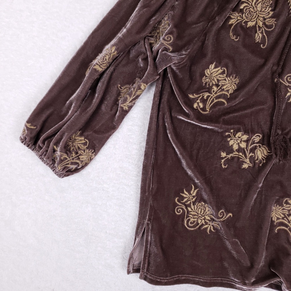 Paparazzi Brown Velvet Embroidered Peasant Blouse Tassel V-Neck Medium Boho - Picture 3 of 8